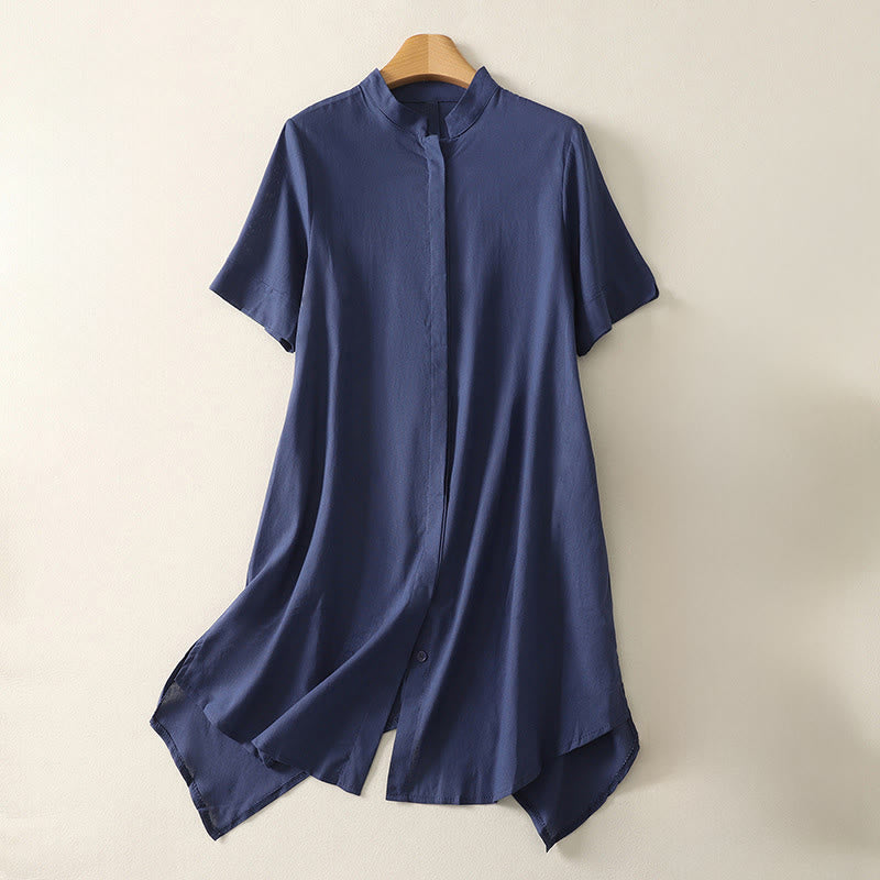 Buddha Stones Letnia damska koszula bawełniana z krótkim rękawem, stójką, guzikami i kieszenią - Ciemnoniebieski - US8-10，UK/AU12-14，EU40-42 (2XL) - image 0