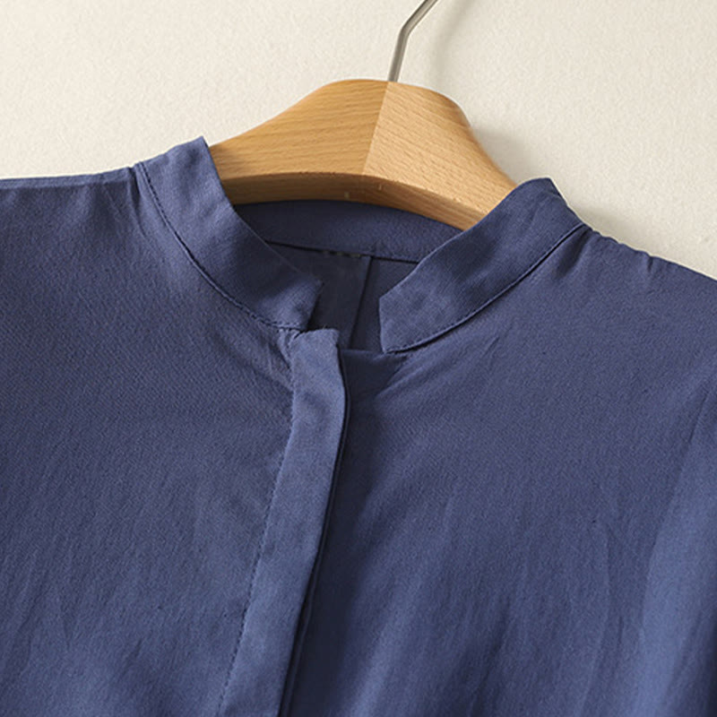 Buddha Stones Letnia damska koszula bawełniana z krótkim rękawem, stójką, guzikami i kieszenią - image 1