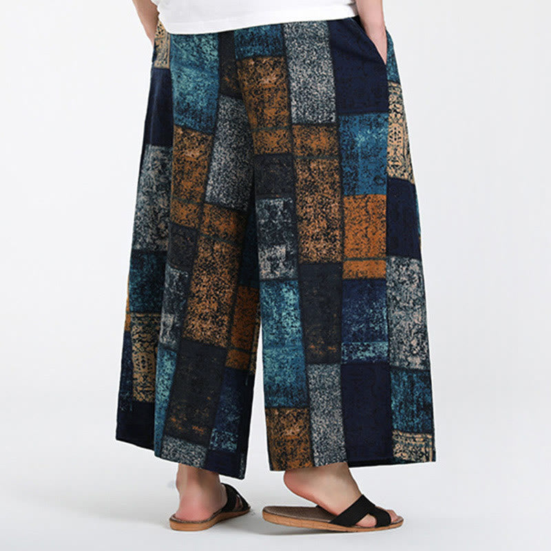 Buddha Stones Letnie spodnie męskie z szerokimi nogawkami i kieszeniami, z nadrukiem w patchworkowy wzór, długość 7-8 - image 11