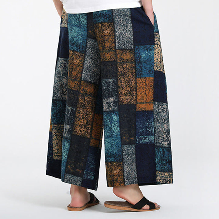 Buddha Stones Letnie spodnie męskie z szerokimi nogawkami i kieszeniami, z nadrukiem w patchworkowy wzór, długość 7-8 - image 11