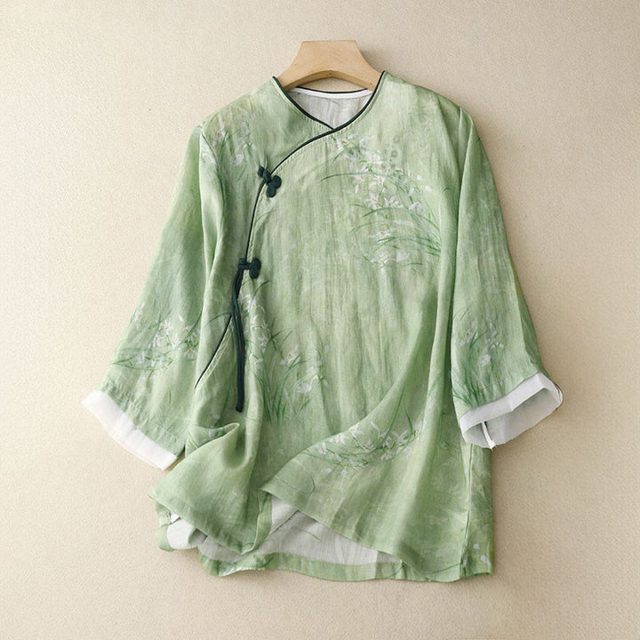 Buddha Stones Koszula damska z rękawem trzy czwarte, w białe, storczykowate, czerwone kwiaty i żabie guziki - Jasnozielony - US14, UK/AU18, EU46 (2XL) - image 0