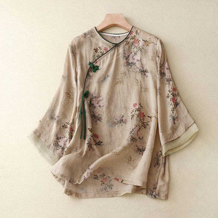 Buddha Stones Koszula damska z rękawem trzy czwarte, w białe, storczykowate, czerwone kwiaty i żabie guziki - BurlyWood - US14, UK/AU18, EU46 (2XL) - image 8