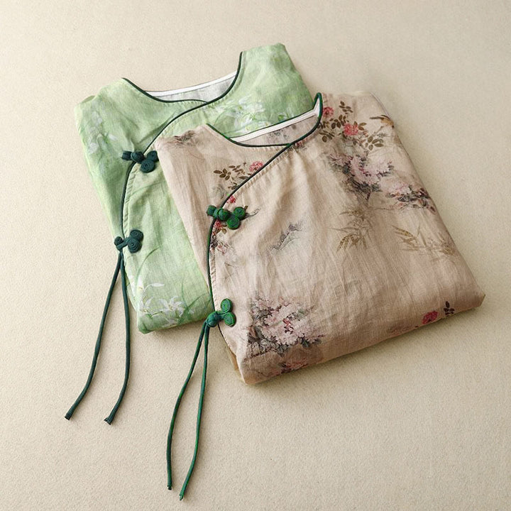 Buddha Stones Koszula damska z rękawem trzy czwarte, w białe, storczykowate, czerwone kwiaty i żabie guziki - image 18