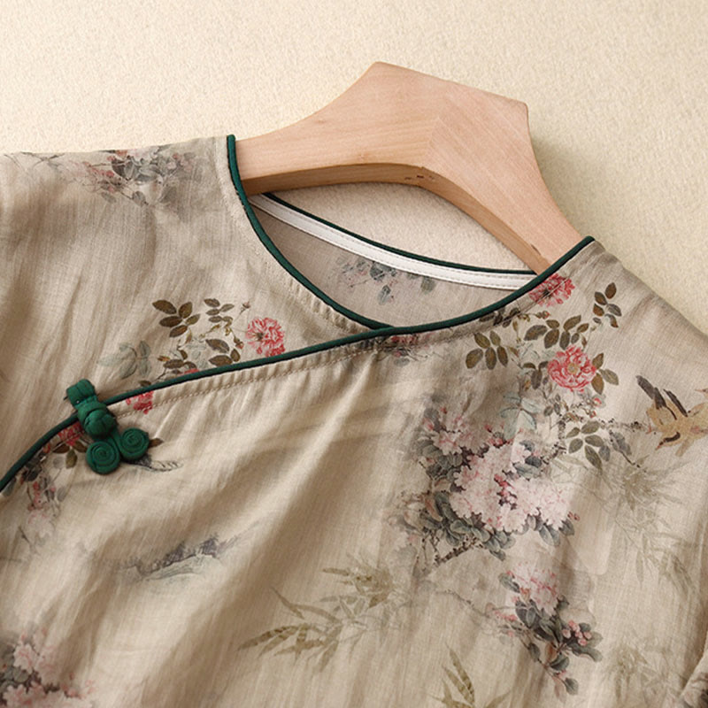 Buddha Stones Koszula damska z rękawem trzy czwarte, w białe, storczykowate, czerwone kwiaty i żabie guziki - image 9