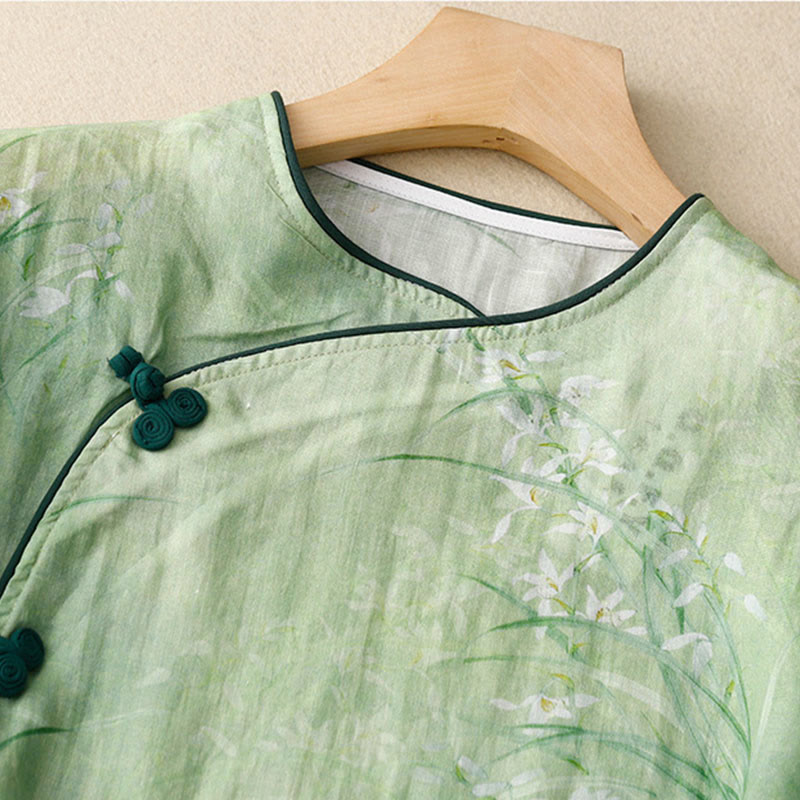 Buddha Stones Koszula damska z rękawem trzy czwarte, w białe, storczykowate, czerwone kwiaty i żabie guziki - image 2