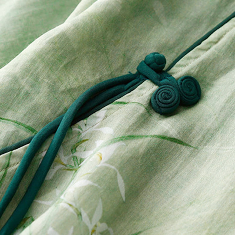 Buddha Stones Koszula damska z rękawem trzy czwarte, w białe, storczykowate, czerwone kwiaty i żabie guziki - image 3