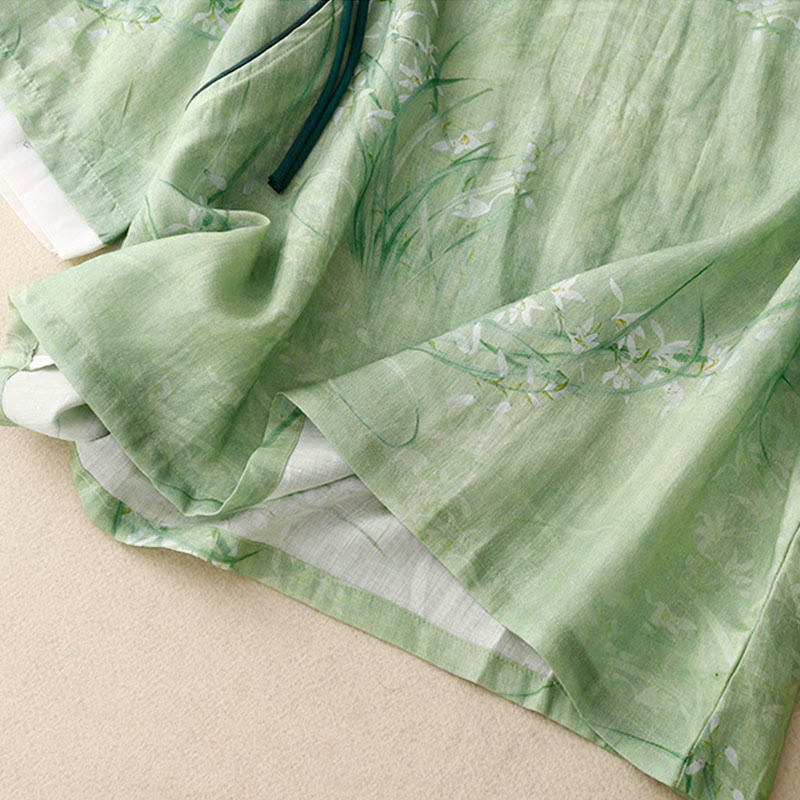 Buddha Stones Koszula damska z rękawem trzy czwarte, w białe, storczykowate, czerwone kwiaty i żabie guziki - image 5