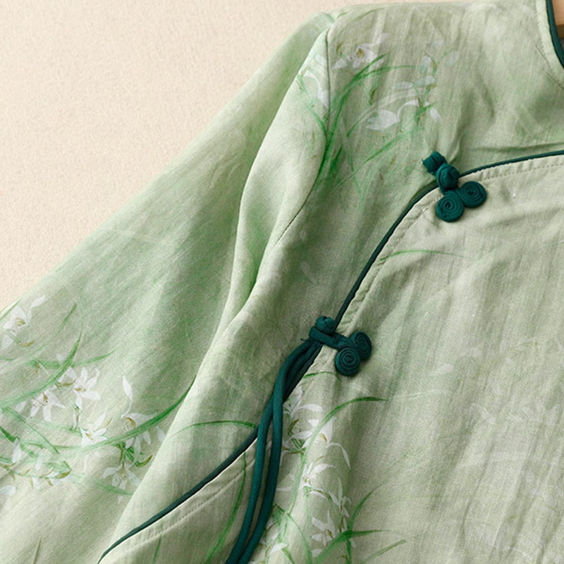 Buddha Stones Koszula damska z rękawem trzy czwarte, w białe, storczykowate, czerwone kwiaty i żabie guziki - image 1