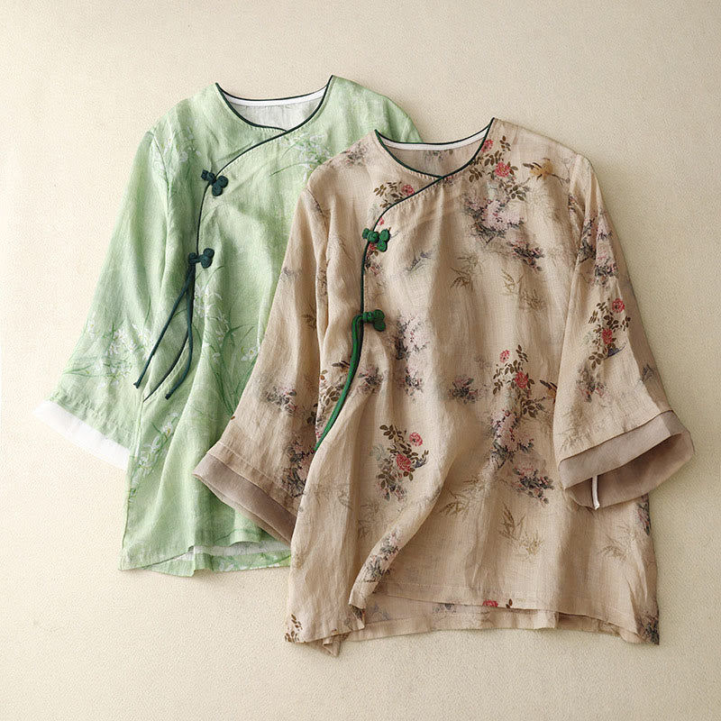 Buddha Stones Koszula damska z rękawem trzy czwarte, w białe, storczykowate, czerwone kwiaty i żabie guziki - image 17