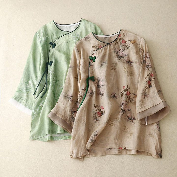 Buddha Stones Koszula damska z rękawem trzy czwarte, w białe, storczykowate, czerwone kwiaty i żabie guziki - image 17