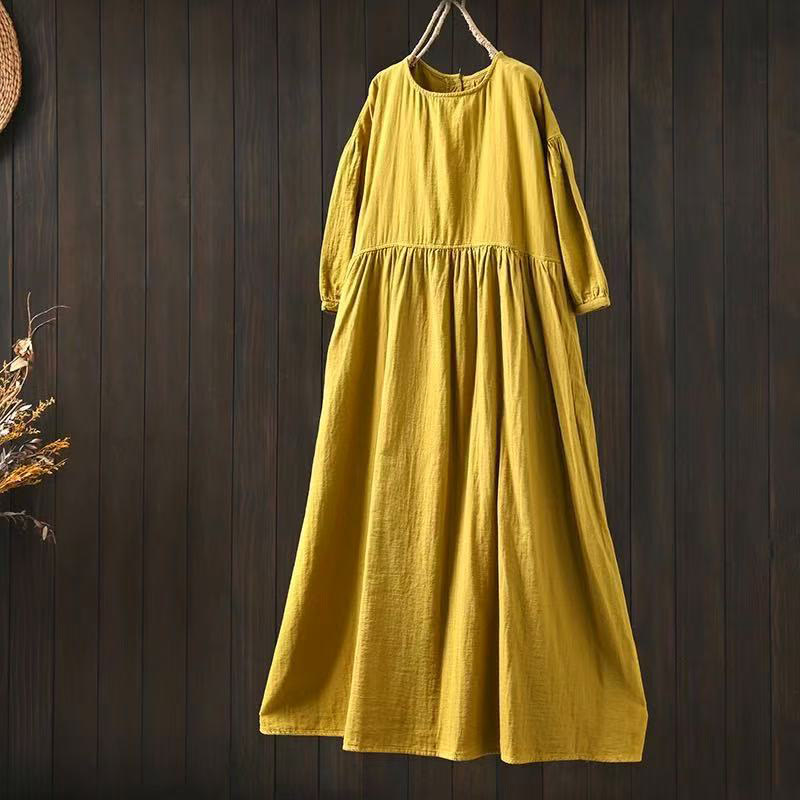 Buddha Stones Letnia jednokolorowa bawełniana sukienka midi z okrągłym dekoltem i krótkim rękawem oraz kieszeniami - Żółty - US4-6, UK/AU8-10, EU36-38 (F) - image 2