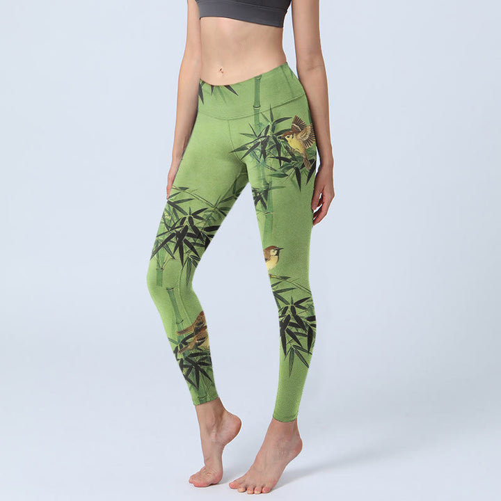 Buddha Stones Eleganckie legginsy do jogi damskie z nadrukiem w liście bambusa i ptakiem - Żółtozielony - US18, UK/AU22, EU50 (4XL) - image 0