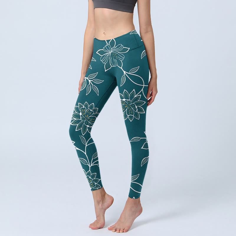 Buddha Stones Eleganckie legginsy do jogi damskie w stylu retro z nadrukiem w kwiaty i liście - Cyraneczka - US18, UK/AU22, EU50 (4XL) - image 0