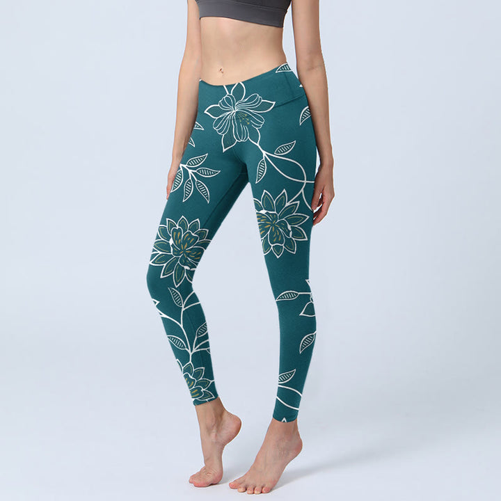 Buddha Stones Eleganckie legginsy do jogi damskie w stylu retro z nadrukiem w kwiaty i liście - Cyraneczka - US18, UK/AU22, EU50 (4XL) - image 0