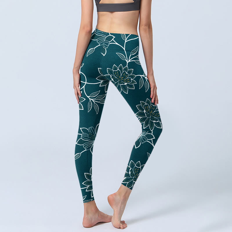 Buddha Stones Eleganckie legginsy do jogi damskie w stylu retro z nadrukiem w kwiaty i liście - image 4