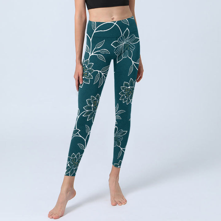 Buddha Stones Eleganckie legginsy do jogi damskie w stylu retro z nadrukiem w kwiaty i liście - image 5