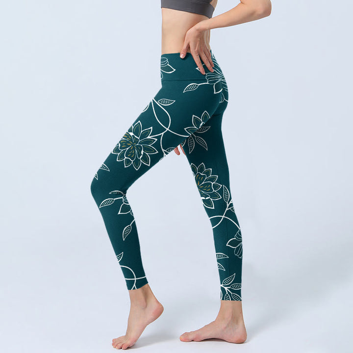 Buddha Stones Eleganckie legginsy do jogi damskie w stylu retro z nadrukiem w kwiaty i liście - image 2