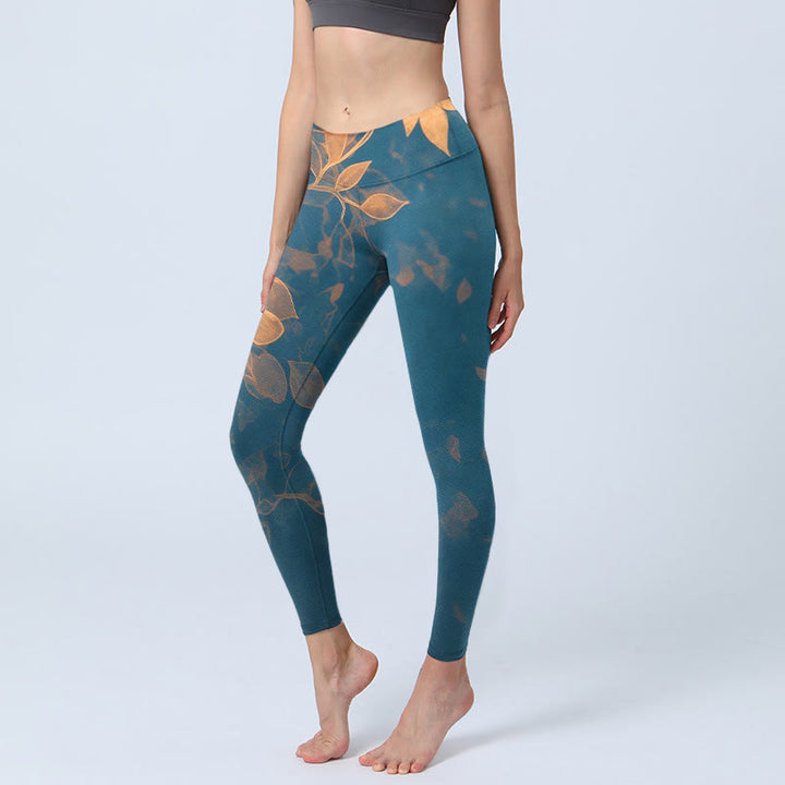 Buddha Stones Eleganckie legginsy do jogi damskie z nadrukiem w liście - Stalowoniebieski - US18, UK/AU22, EU50 (4XL) - image 0