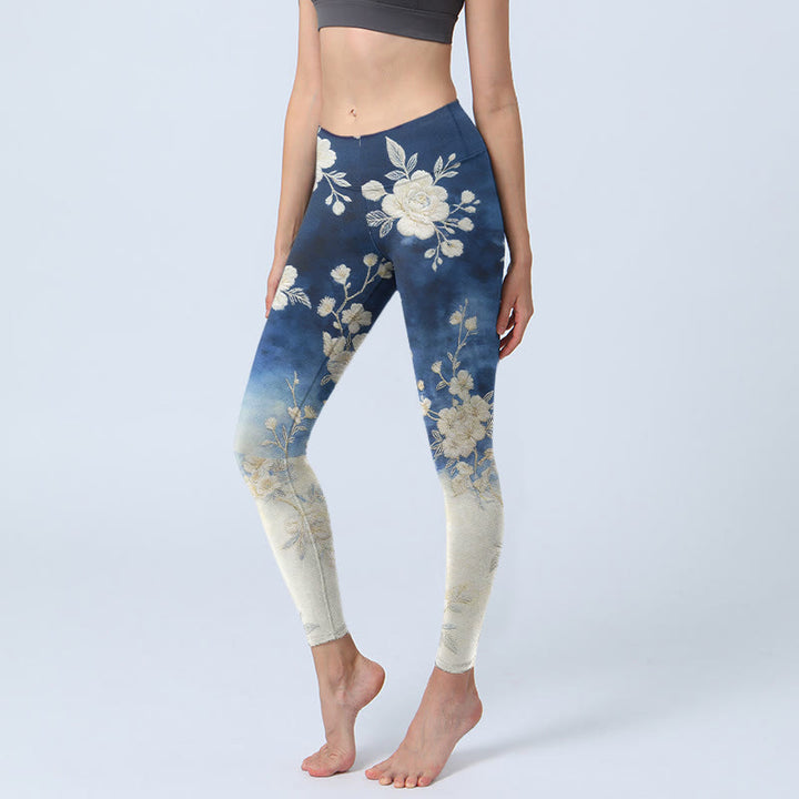 Buddha Stones Eleganckie, wyrafinowane legginsy do jogi z nadrukiem w kwiaty - Ciemnoniebieski - US18, UK/AU22, EU50 (4XL) - image 0
