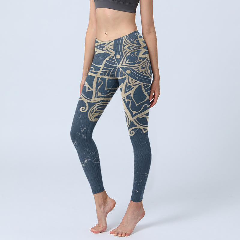 Buddha Stones Damskie legginsy do jogi z nadrukiem w stylu retro mandali - Stalowoniebieski - US18, UK/AU22, EU50 (4XL) - image 0