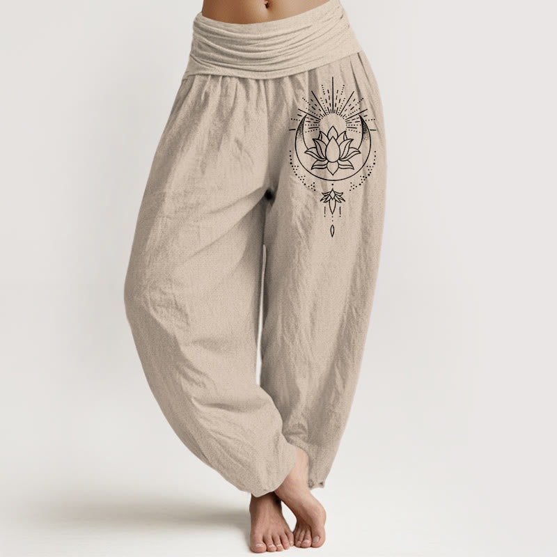 Buddha Stones Spodnie damskie typu harem z elastycznej talii z czystej bawełny z nadrukiem w kwiaty lotosu - Dębnik - US16, UK/AU20, EU48 (3XL) - image 11