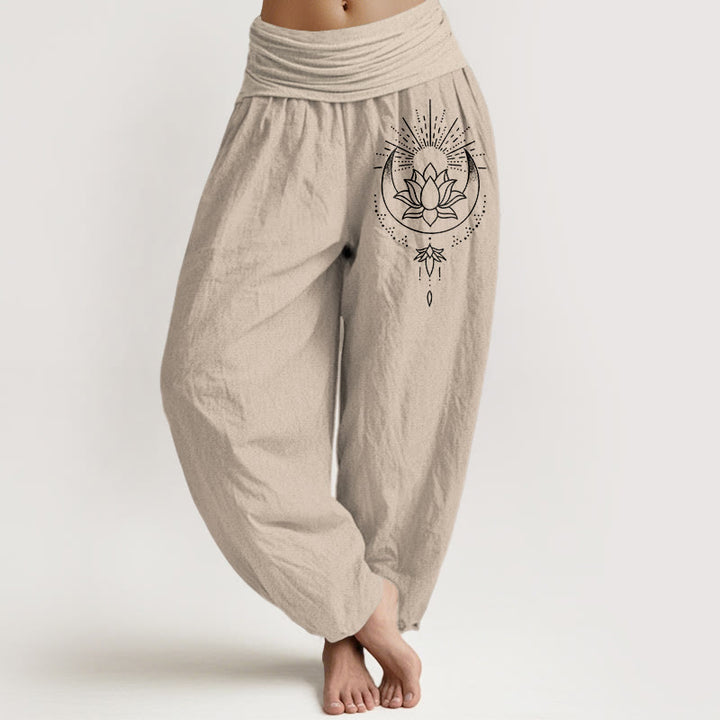 Buddha Stones Spodnie damskie typu harem z elastycznej talii z czystej bawełny z nadrukiem w kwiaty lotosu - Dębnik - US16, UK/AU20, EU48 (3XL) - image 11