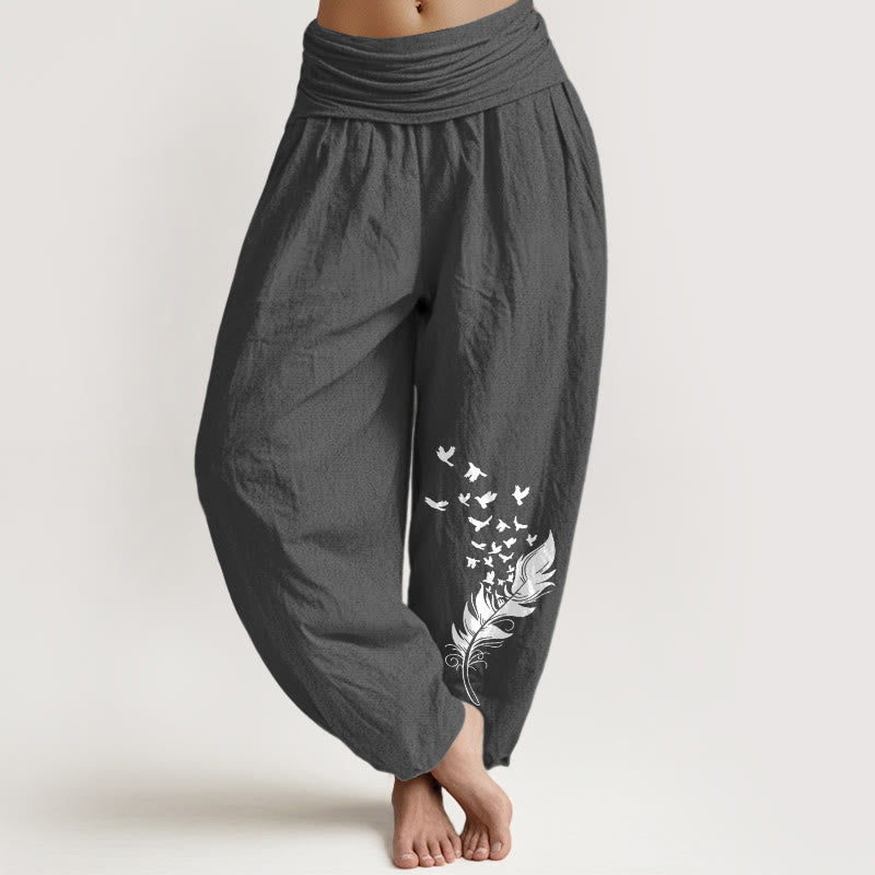Buddha Stones Spodnie damskie typu harem z elastycznej talii z czystej bawełny z żywym wzorem w ptasie pióra - DimGray - US16, UK/AU20, EU48 (3XL) - image 0