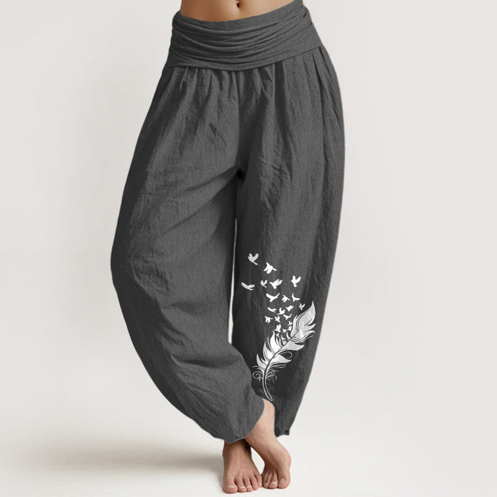 Buddha Stones Spodnie damskie typu harem z elastycznej talii z czystej bawełny z żywym wzorem w ptasie pióra - DimGray - US16, UK/AU20, EU48 (3XL) - image 0
