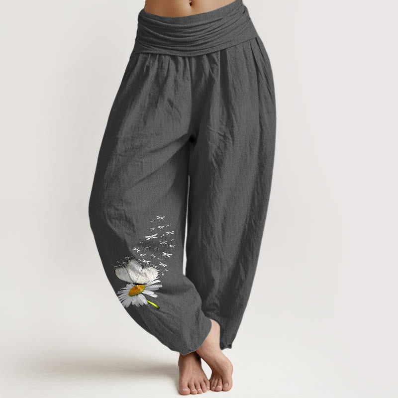 Buddha Stones Eleganckie spodnie haremki damskie z elastycznej talii z czystej bawełny w motyle i ważki - DimGray - US16, UK/AU20, EU48 (3XL) - image 11