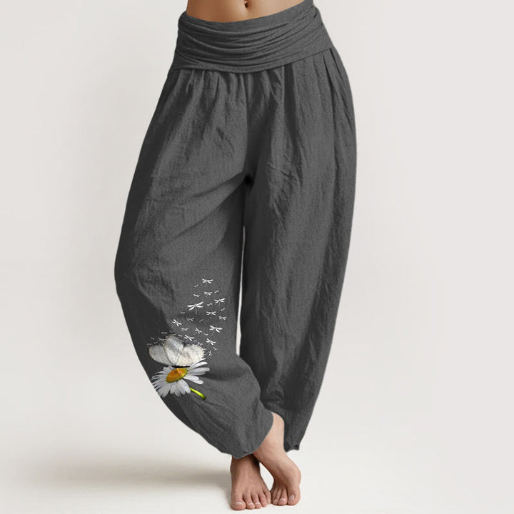 Buddha Stones Eleganckie spodnie haremki damskie z elastycznej talii z czystej bawełny w motyle i ważki - DimGray - US16, UK/AU20, EU48 (3XL) - image 11