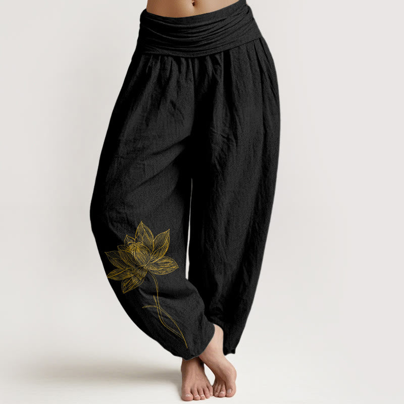 Buddha Stones Eleganckie spodnie haremki damskie z elastyczną talią i wzorem w kwiaty lotosu z czystej bawełny - Czarny - US16, UK/AU20, EU48 (3XL) - image 0