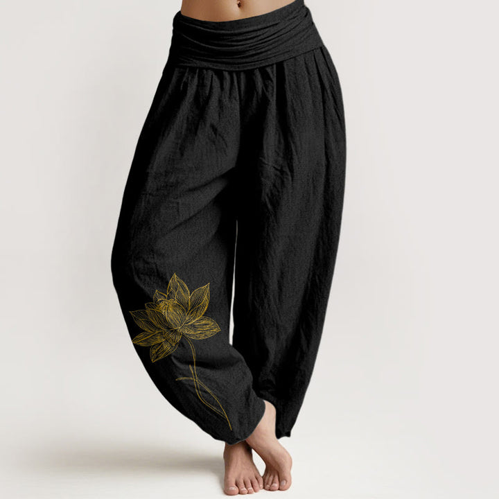 Buddha Stones Eleganckie spodnie haremki damskie z elastyczną talią i wzorem w kwiaty lotosu z czystej bawełny - Czarny - US16, UK/AU20, EU48 (3XL) - image 0