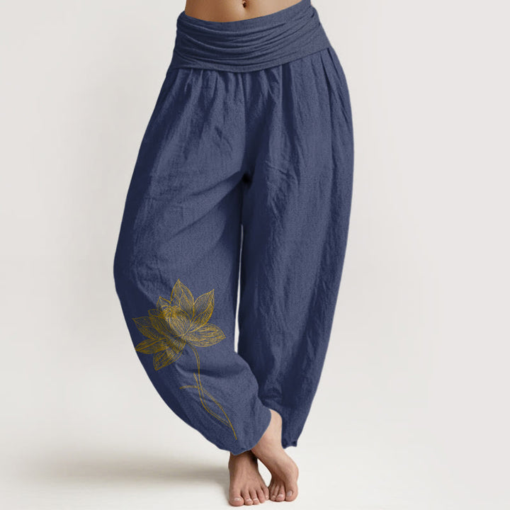 Buddha Stones Eleganckie spodnie haremki damskie z elastyczną talią i wzorem w kwiaty lotosu z czystej bawełny - DarkSlateBlue - US16, UK/AU20, EU48 (3XL) - image 5