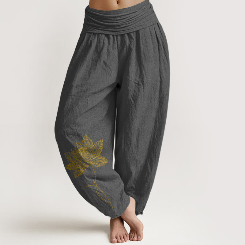 Buddha Stones Eleganckie spodnie haremki damskie z elastyczną talią i wzorem w kwiaty lotosu z czystej bawełny - DimGray - US16, UK/AU20, EU48 (3XL) - image 8