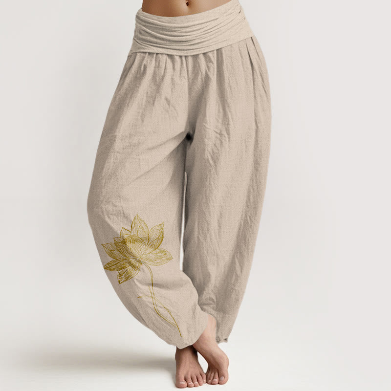 Buddha Stones Eleganckie spodnie haremki damskie z elastyczną talią i wzorem w kwiaty lotosu z czystej bawełny - Dębnik - US16, UK/AU20, EU48 (3XL) - image 11