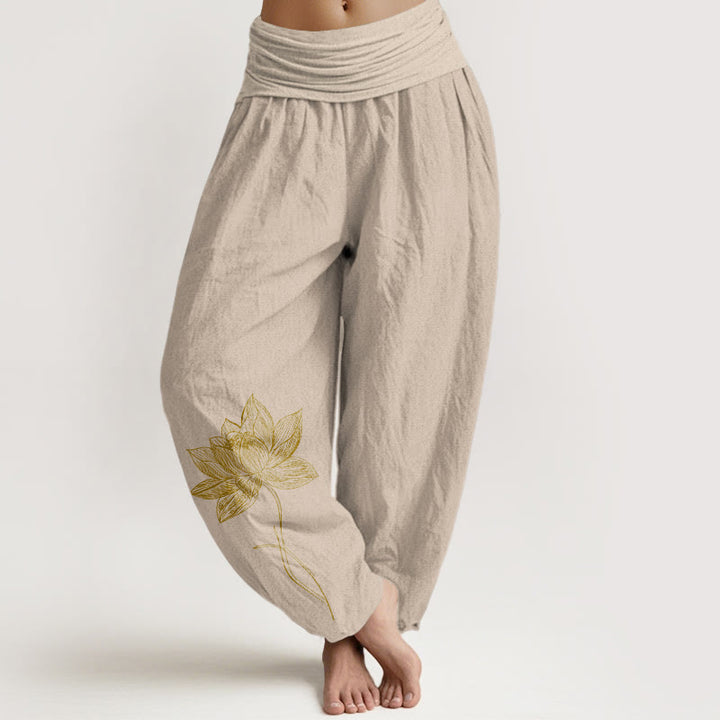 Buddha Stones Eleganckie spodnie haremki damskie z elastyczną talią i wzorem w kwiaty lotosu z czystej bawełny - Dębnik - US16, UK/AU20, EU48 (3XL) - image 11