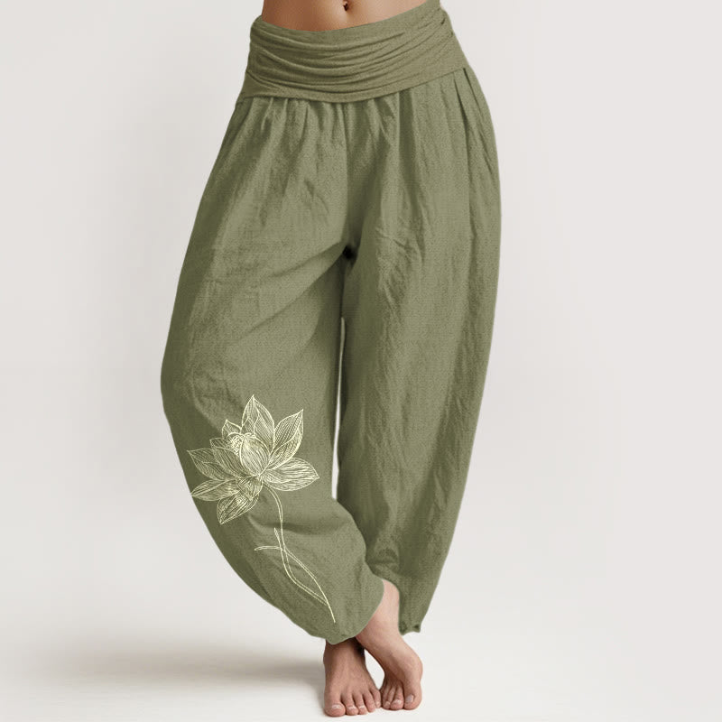 Buddha Stones Eleganckie spodnie haremki damskie z elastyczną talią i wzorem w kwiaty lotosu z czystej bawełny - Oliwkowy - US16, UK/AU20, EU48 (3XL) - image 14