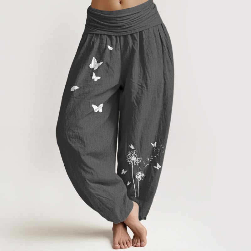 Buddha Stones Eleganckie spodnie haremki damskie z elastycznej talii z czystej bawełny w motyle i dmuchawce - DimGray - US16, UK/AU20, EU48 (3XL) - image 8