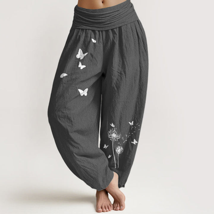 Buddha Stones Eleganckie spodnie haremki damskie z elastycznej talii z czystej bawełny w motyle i dmuchawce - DimGray - US16, UK/AU20, EU48 (3XL) - image 8