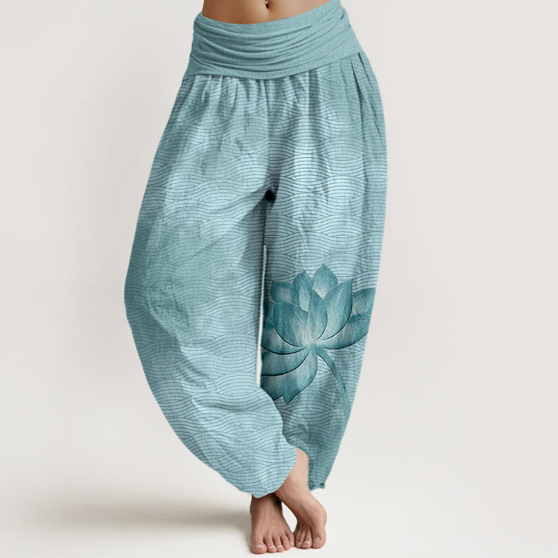 Buddha Stones Spodnie damskie typu harem z elastycznej talii, w kolorze jasnej bawełny, z wzorem w faliste linie lotosu - SkyBlue - US16, UK/AU20, EU48 (3XL) - image 0