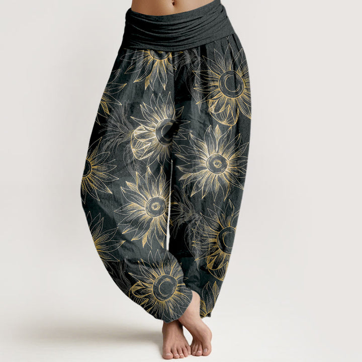 Buddha Stones Spodnie damskie typu harem z elastycznej talii, z nadrukiem w kwiaty w stylu retro - Czarny - US16, UK/AU20, EU48 (3XL) - image 5