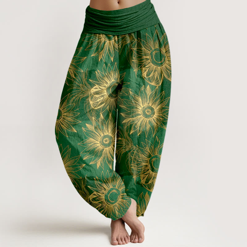 Buddha Stones Spodnie damskie typu harem z elastycznej talii, z nadrukiem w kwiaty w stylu retro - Zielony - US16, UK/AU20, EU48 (3XL) - image 8