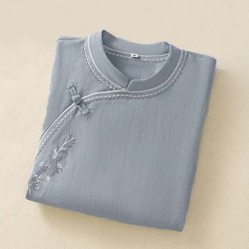 Buddha Stones Letnia damska koszula bawełniana z krótkim rękawem i stójką, zapinana na guziki żabki i z kieszenią - image 1