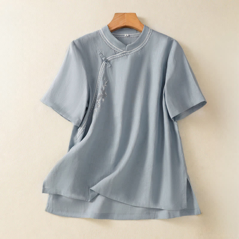 Buddha Stones Letnia damska koszula bawełniana z krótkim rękawem i stójką, zapinana na guziki żabki i z kieszenią - LightSteelBlue - US8-10，UK/AU12-14，EU40-42 (2XL) - image 0