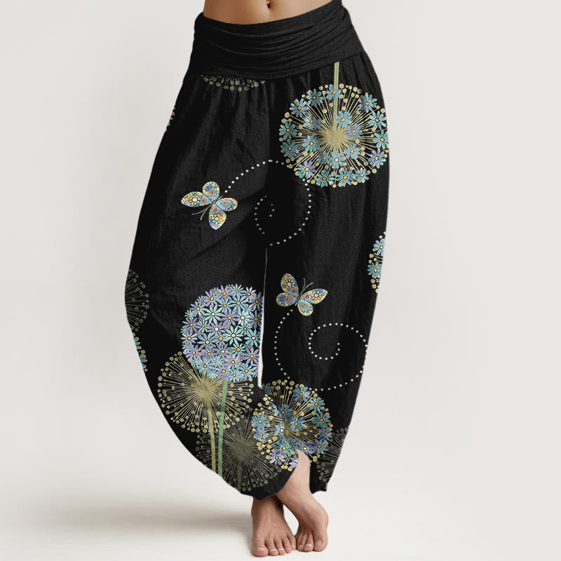 Buddha Stones Bawełniane spodnie haremki damskie z elastyczną talią i wzorem motyla dmuchawca - Czarny - US16, UK/AU20, EU48 (3XL) - image 0