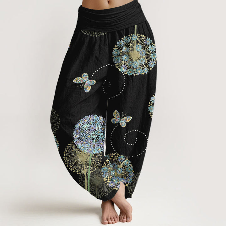 Buddha Stones Bawełniane spodnie haremki damskie z elastyczną talią i wzorem motyla dmuchawca - Czarny - US16, UK/AU20, EU48 (3XL) - image 0
