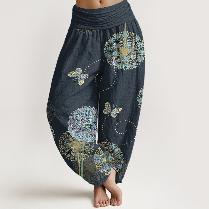Buddha Stones Bawełniane spodnie haremki damskie z elastyczną talią i wzorem motyla dmuchawca - DarkSlateGray - US16, UK/AU20, EU48 (3XL) - image 8