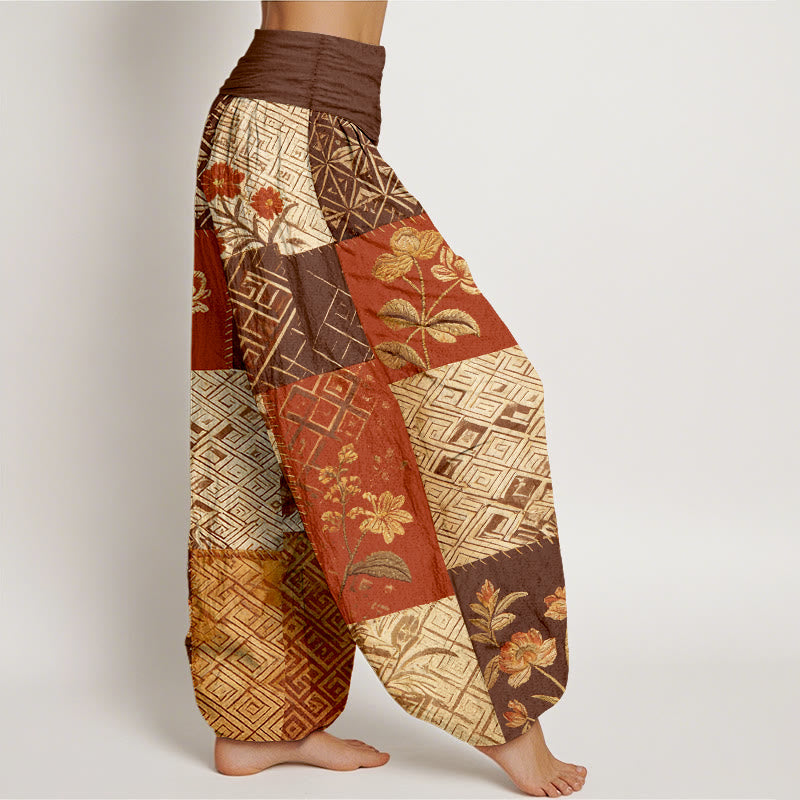 Buddha Stones Bawełniane spodnie haremki damskie z elastyczną talią i geometrycznym wzorem w bloki kolorów - image 7