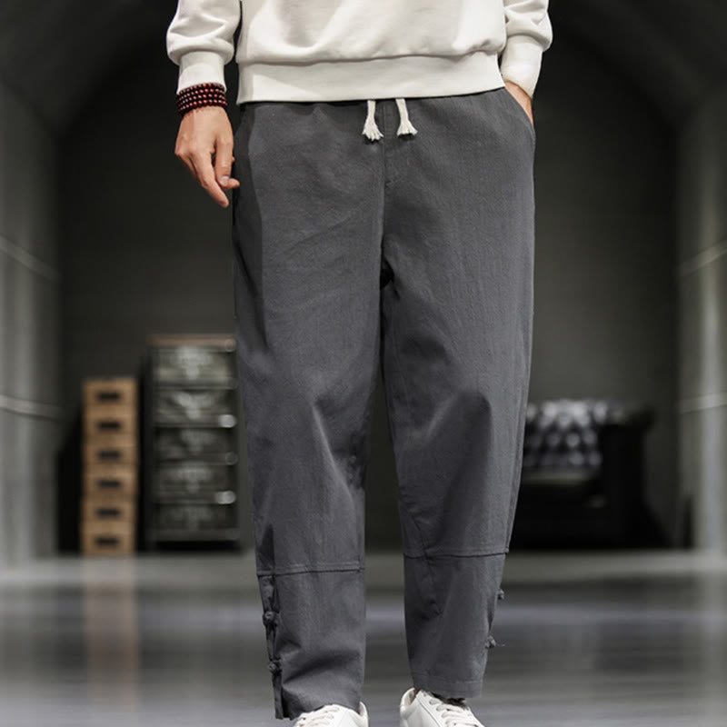 Buddha Stones Spodnie bawełniane męskie do kostek, ściągane sznurkiem, zapinane na guziki typu żabka, z kieszeniami - Szary - US/UK/AU46， EU56 (5XL) - image 9