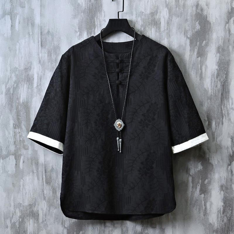 Buddha Stones Letnia bawełniana koszula męska z krótkim rękawem i kwiatowym wzorem w żabki - Czarny - US/UK/AU48， EU58 (6XL) - image 10